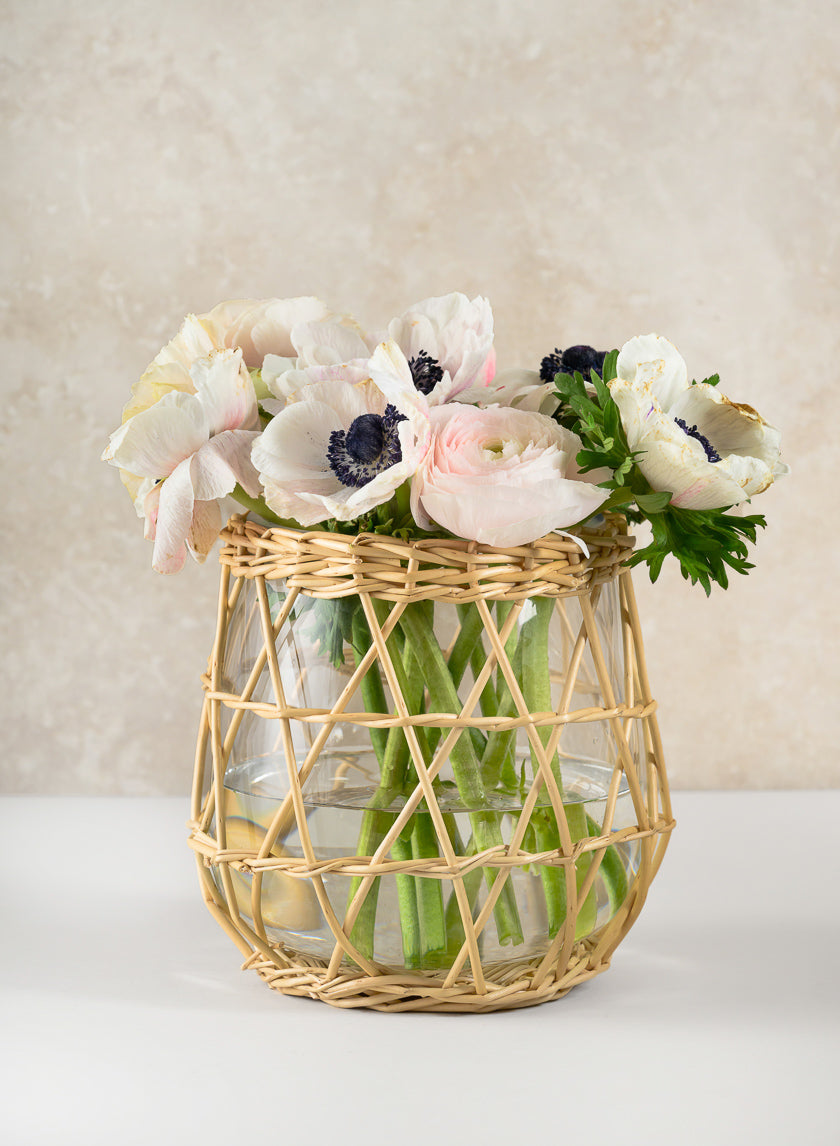 6in Tall Hanoi Market Wicker & Glass Holder Decor Jamali Garden