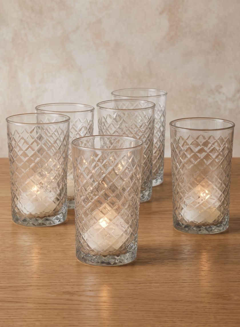 4 1/2in Tall Cut Glass Squares Votive Holder, Set of 6 Decor Jamali Garden