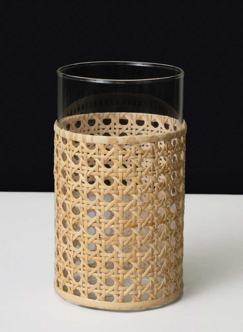 7in Tall Indochine Cane Weaved Glass Cylinder Decor Jamali Garden