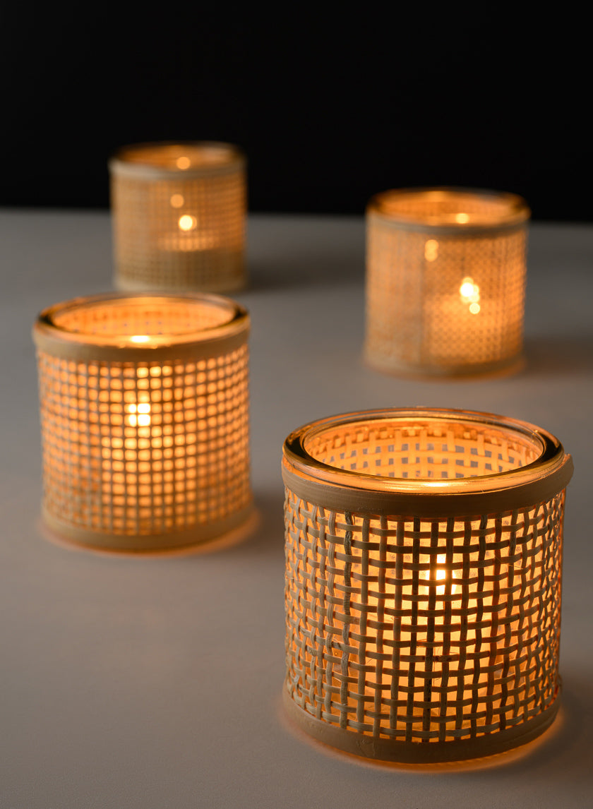 3in Tall Haiphong Cane Weaved Glass Cylinder, Set of 4 Decor Jamali Garden