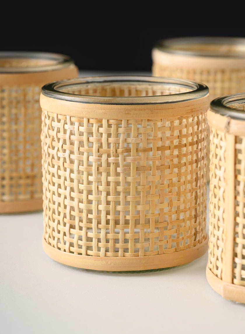 3in Tall Haiphong Cane Weaved Glass Cylinder, Set of 4 Decor Jamali Garden
