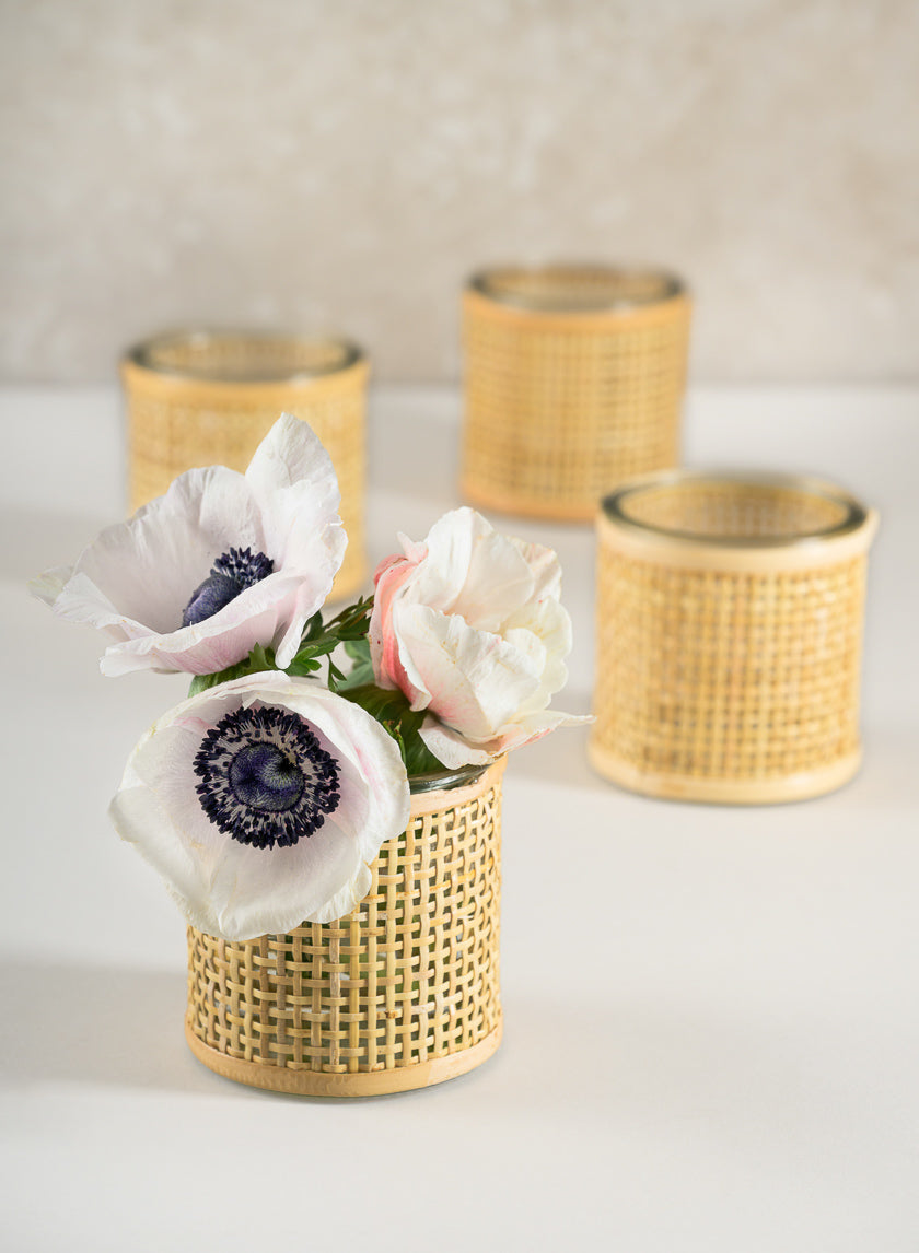 3in Tall Haiphong Cane Weaved Glass Cylinder, Set of 4 Decor Jamali Garden