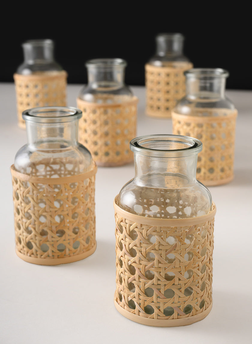 5in Tall Indochine Cane Weaved Glass Bottle Vase, Set of 6 Decor Jamali Garden