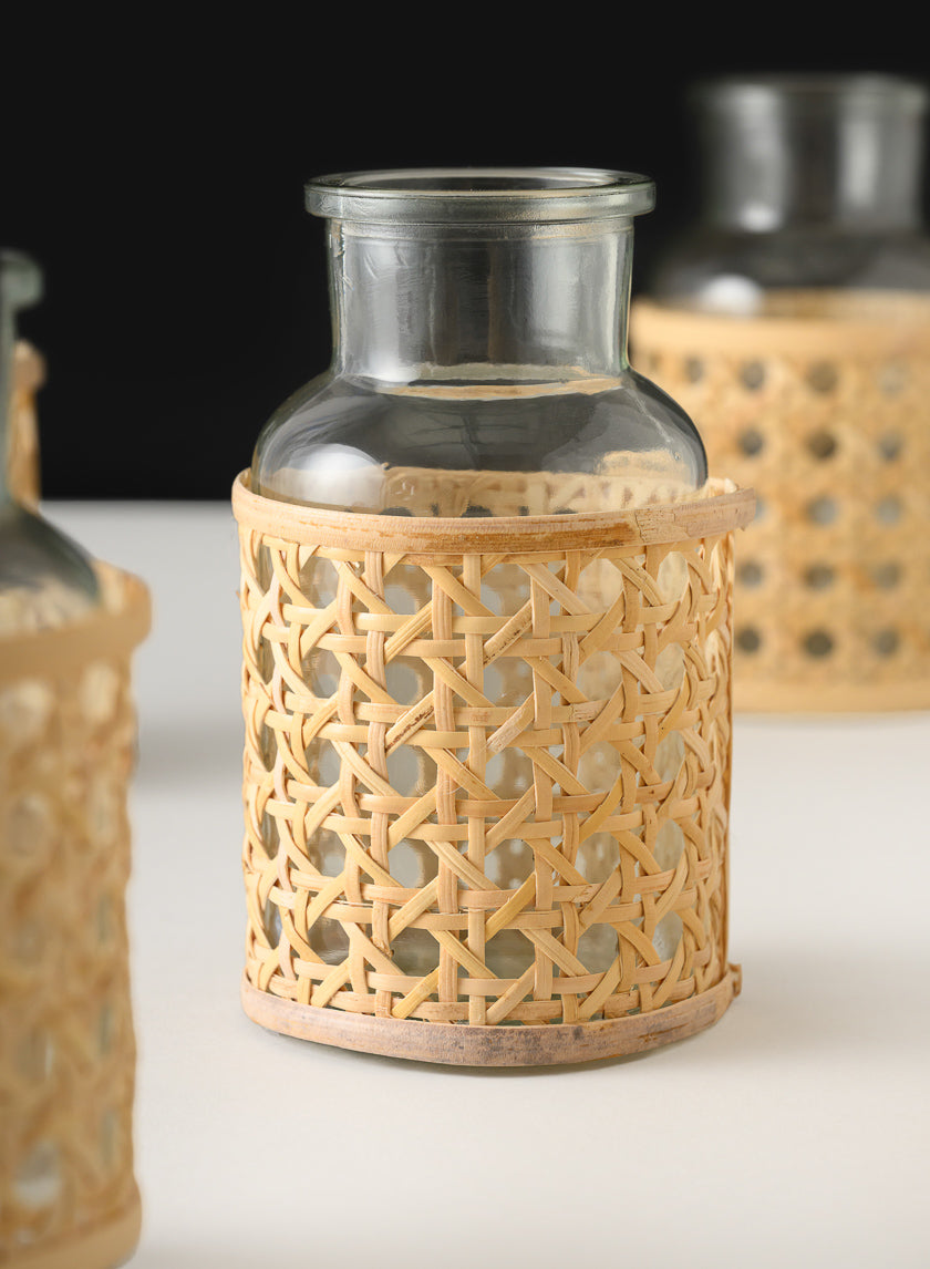 5in Tall Indochine Cane Weaved Glass Bottle Vase, Set of 6 Decor Jamali Garden