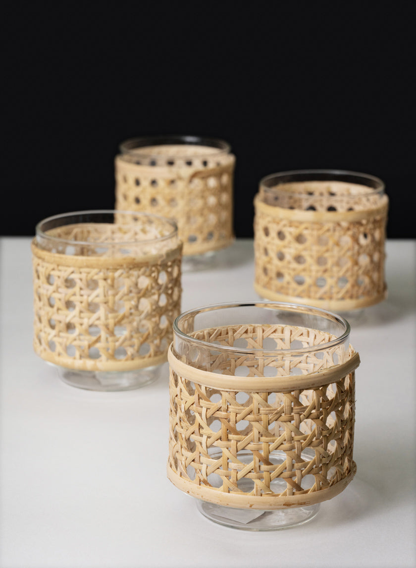 3.5in Tall Indochine Cane Weaved Glass Holder, Set of 4 Decor Jamali Garden