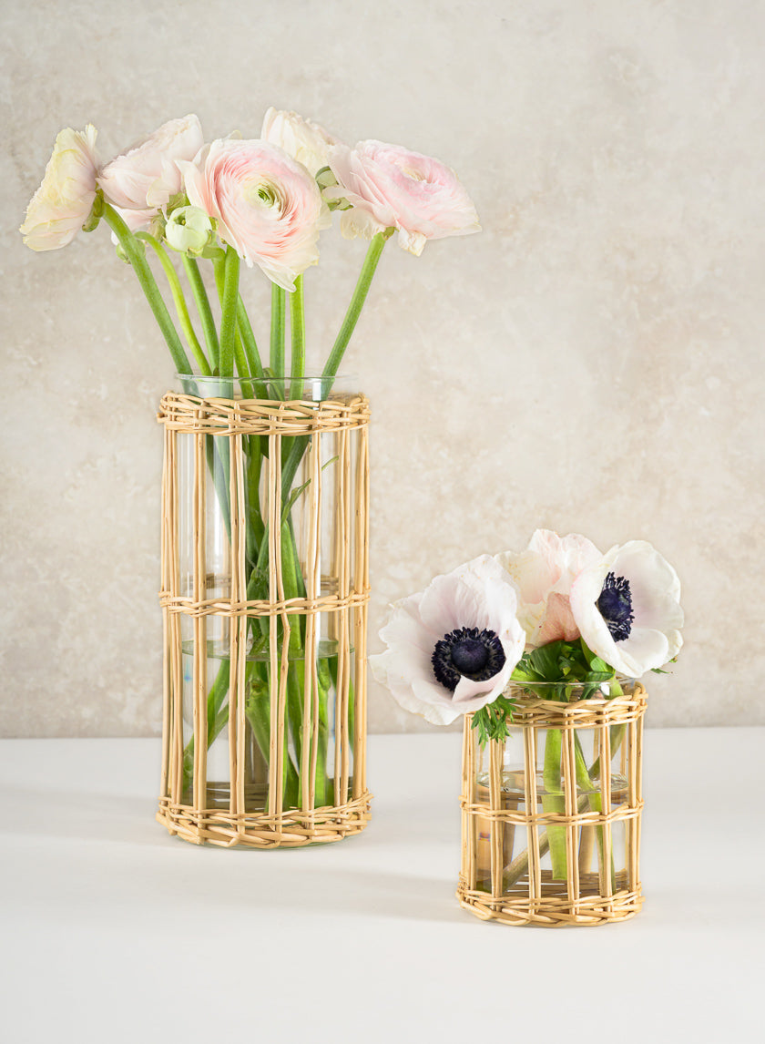 4.5in Tall Halong Cane Weaved Short Glass Cylinder, Set of 4 Decor Jamali Garden