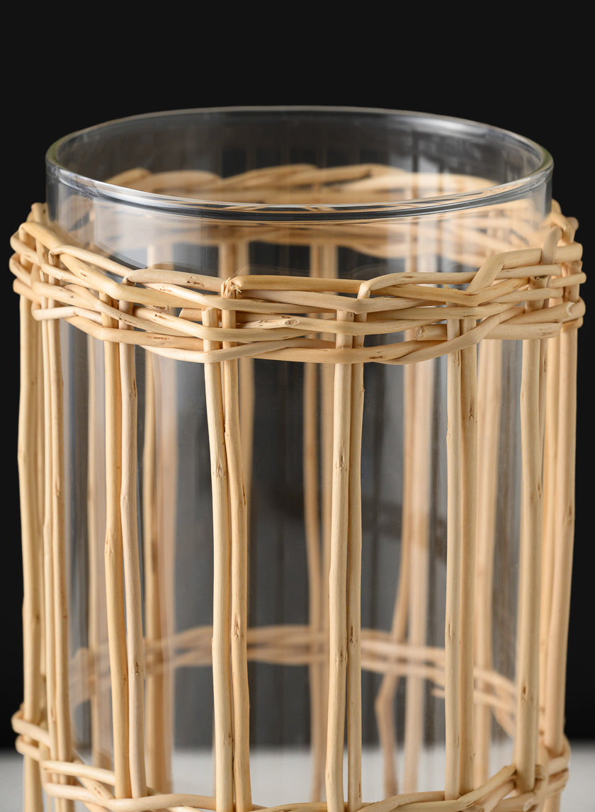 10in Tall Halong Cane Weaved Glass Cylinder Decor Jamali Garden