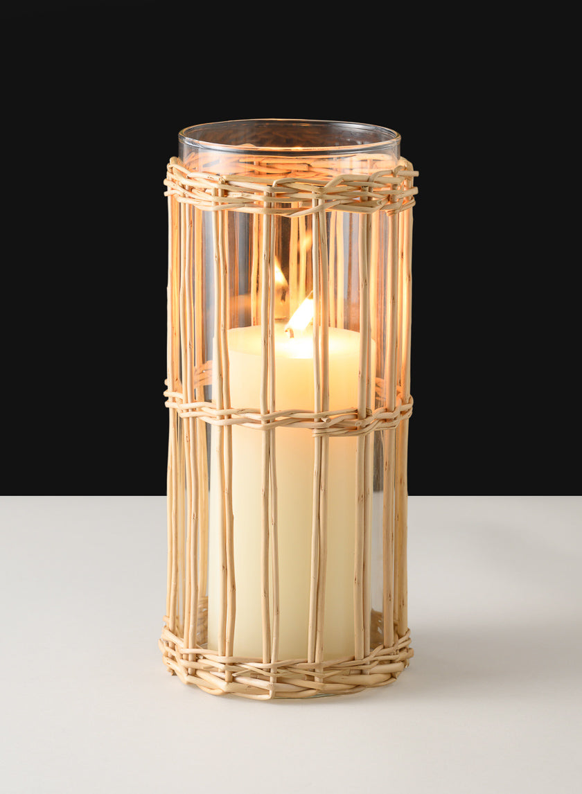 10in Tall Halong Cane Weaved Glass Cylinder Decor Jamali Garden