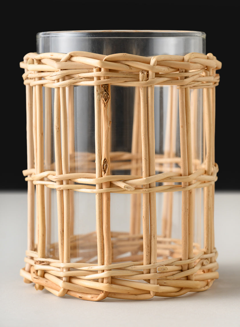 4.5in Tall Halong Cane Weaved Short Glass Cylinder, Set of 4 Decor Jamali Garden