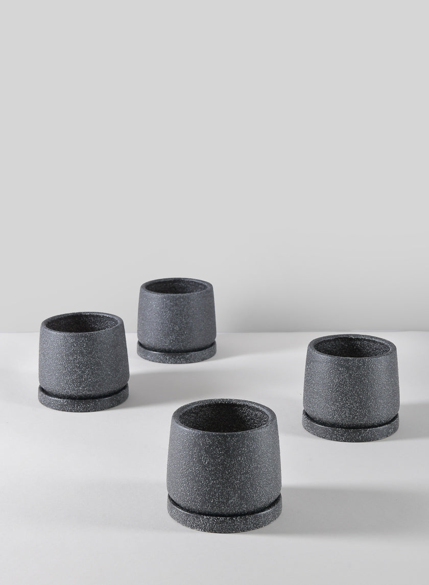 4in Tall Sigtura Sand Black Indoor Ceramic Pot with Saucer, Set of 4 Decor Jamali Garden