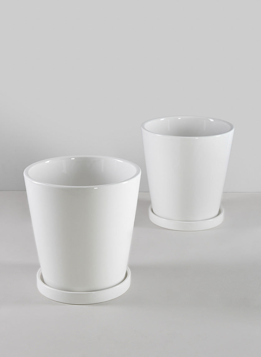 7in Tall Rouen White Ceramic Pot with Saucer, Set of 2 Decor Jamali Garden