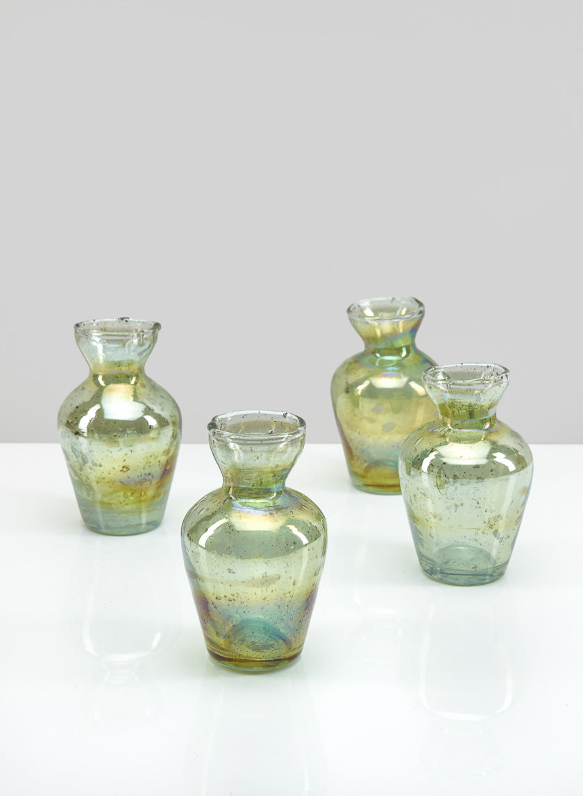 4in Tall Jacques Green Vintage Glass Bud Vase, Set of 4 Decor Jamali Garden