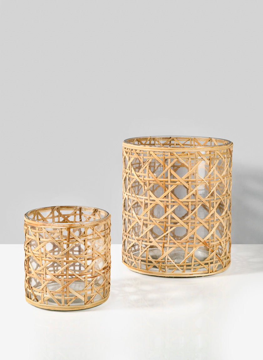 7in Tall Saigon Cane Wrapped Glass Candle Hurricane Decor Jamali Garden