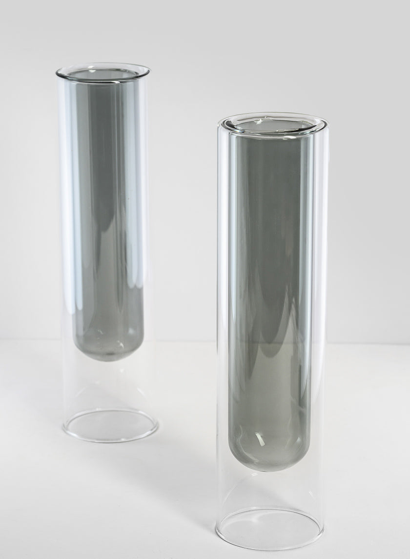 9.5in Tall Smoke Pasteur Dual Tone Tube Glass Vase. Set of 2 Decor Jamali Garden