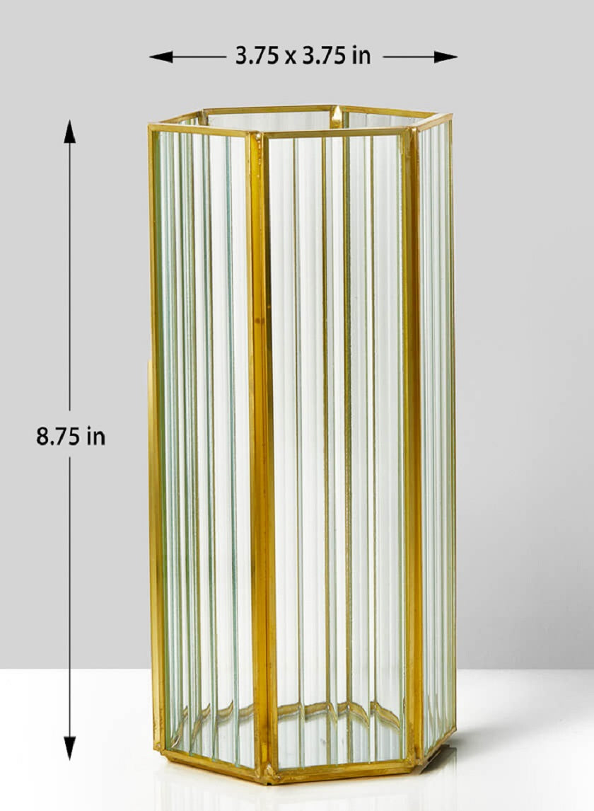 8.75in Tall Striped Glass Gold Hexagon Hurricane Decor Jamali Garden