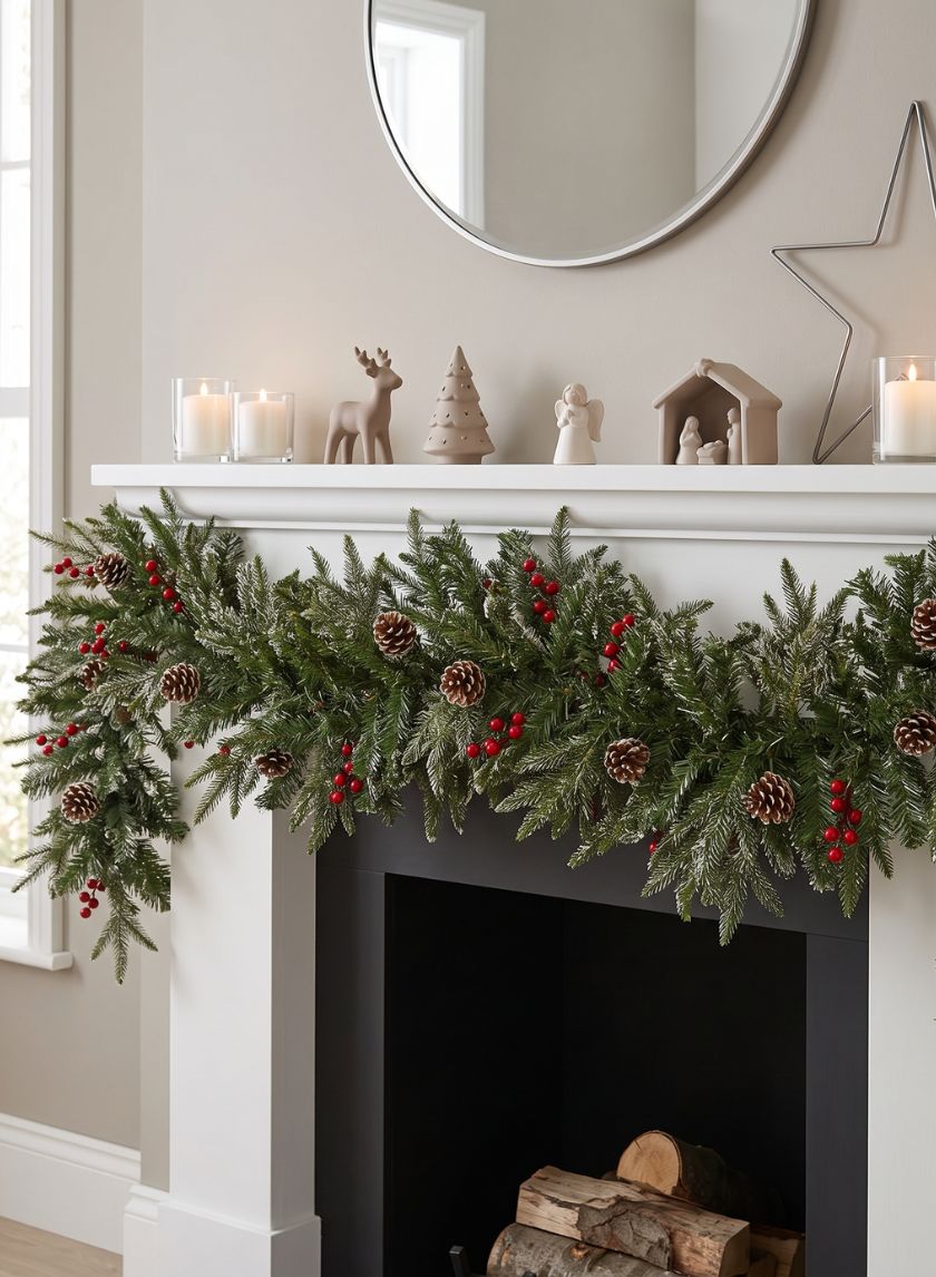 9ft Long Thick Flocked Pine Garland With Pinecones Decor Jamali Garden