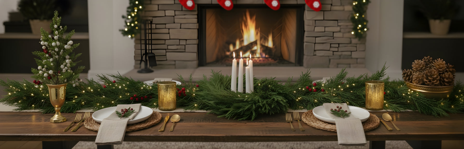 Decorated table in front of a fireplace with Christmas decorations with Jamaligarden Pines and Garlands