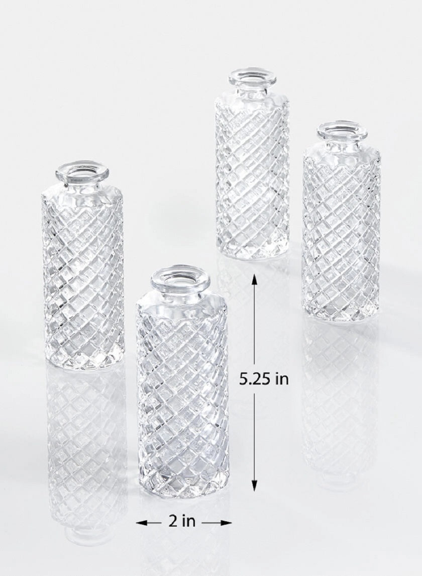 5.25in Tall Diamond Cut Clear Glass Bottle Bud Vase, Set of 4 Decor Jamali Garden