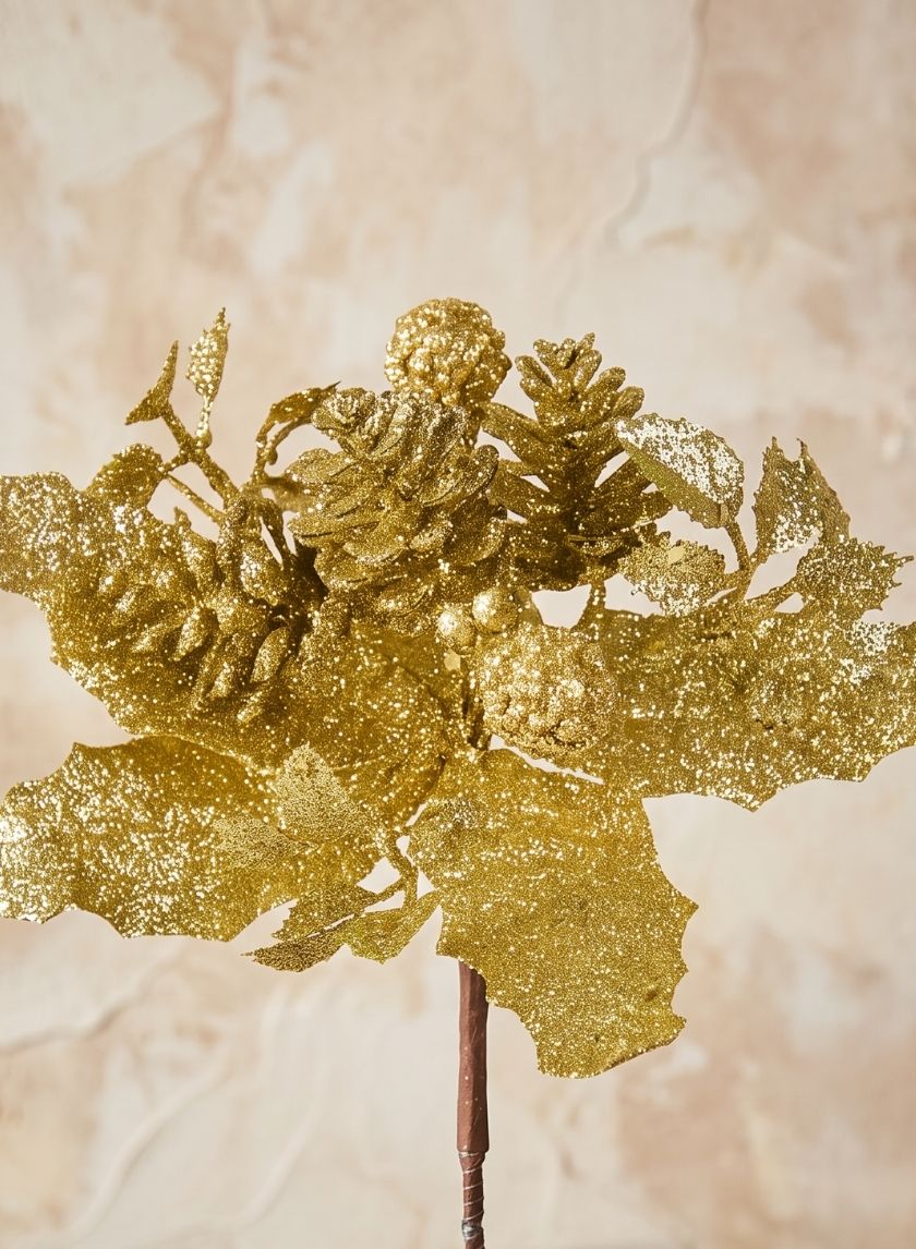 7in Long Gold Glitter Flower Pick, Bundle of 12 Decor Jamali Garden