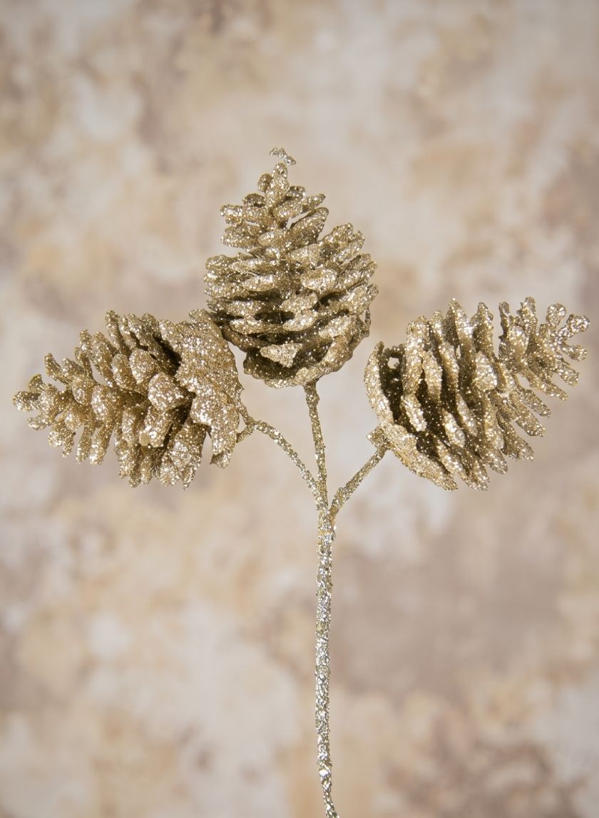 5.5in Long Champagne Glitter Pine Cone Pick, Set of 12 Decor Jamali Garden