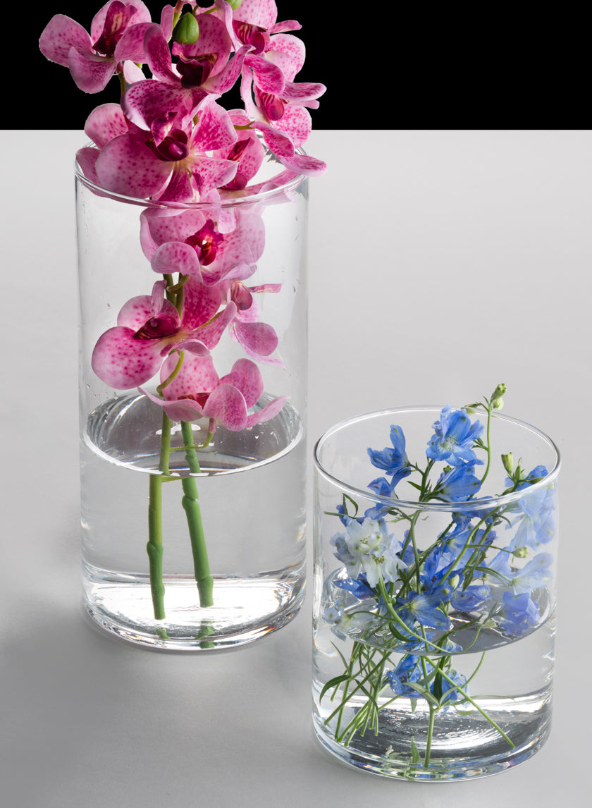 The Best Value Glass Cylinder Vase set holds fresh flowers: pink-speckled orchids fill the taller vase, while the shorter vase displays blue and white blooms, all arranged on a light gray surface with a black background.