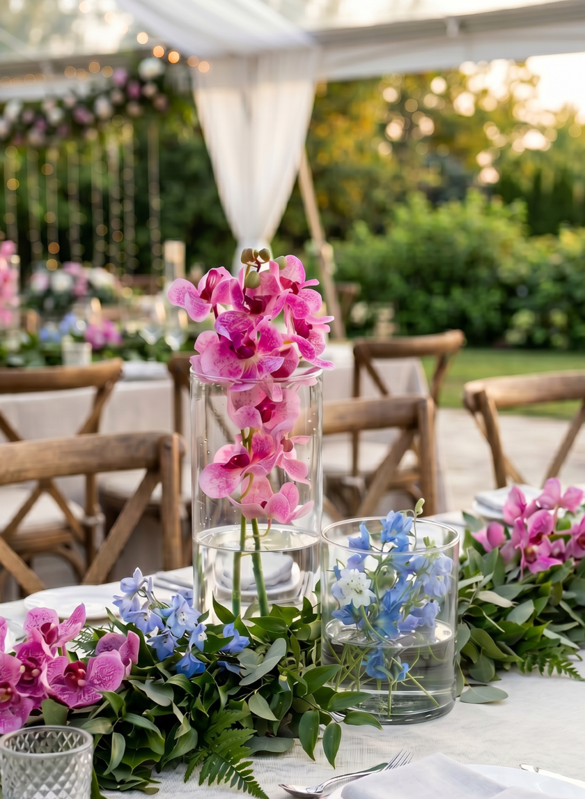 An elegant outdoor table is set with the Best Value Glass Cylinder Vase, Set of 6, filled with pink and blue flowers and greenery as centerpieces. Wooden chairs and white tablecloths complete the sophisticated garden party look.