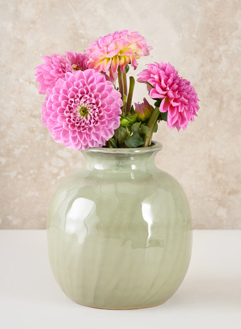 5.5in Tall Moss Green Glaze Ceramic Fuji Deco Vase Decor Jamali Garden