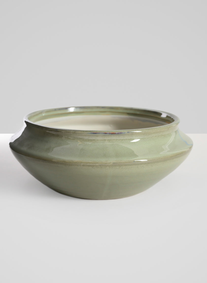 10.5in Wide Moss Green Glaze Ceramic Ikebana Bowl Decor Jamali Garden