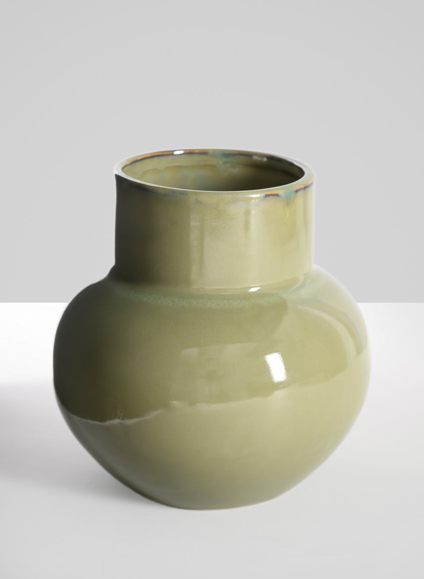 7in Tall Moss Green Glaze Ceramic Akaibara Vase Decor Jamali Garden