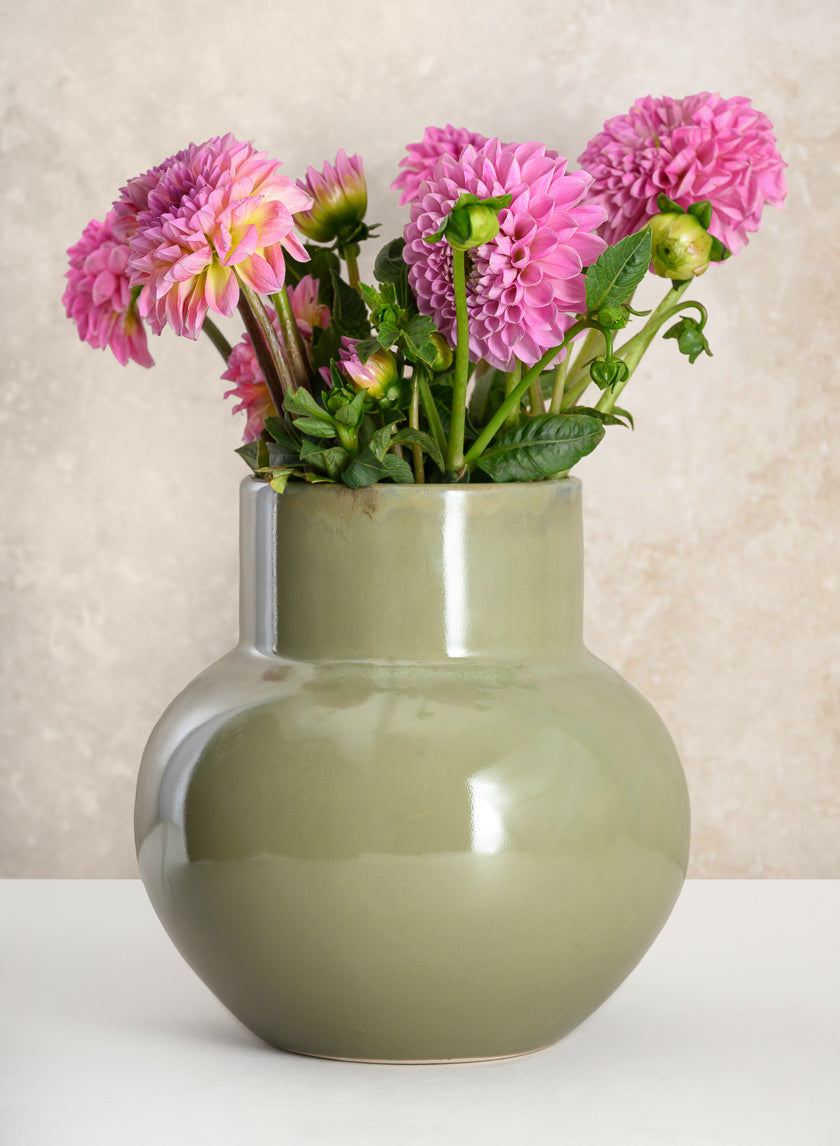 7in Tall Moss Green Glaze Ceramic Akaibara Vase Decor Jamali Garden