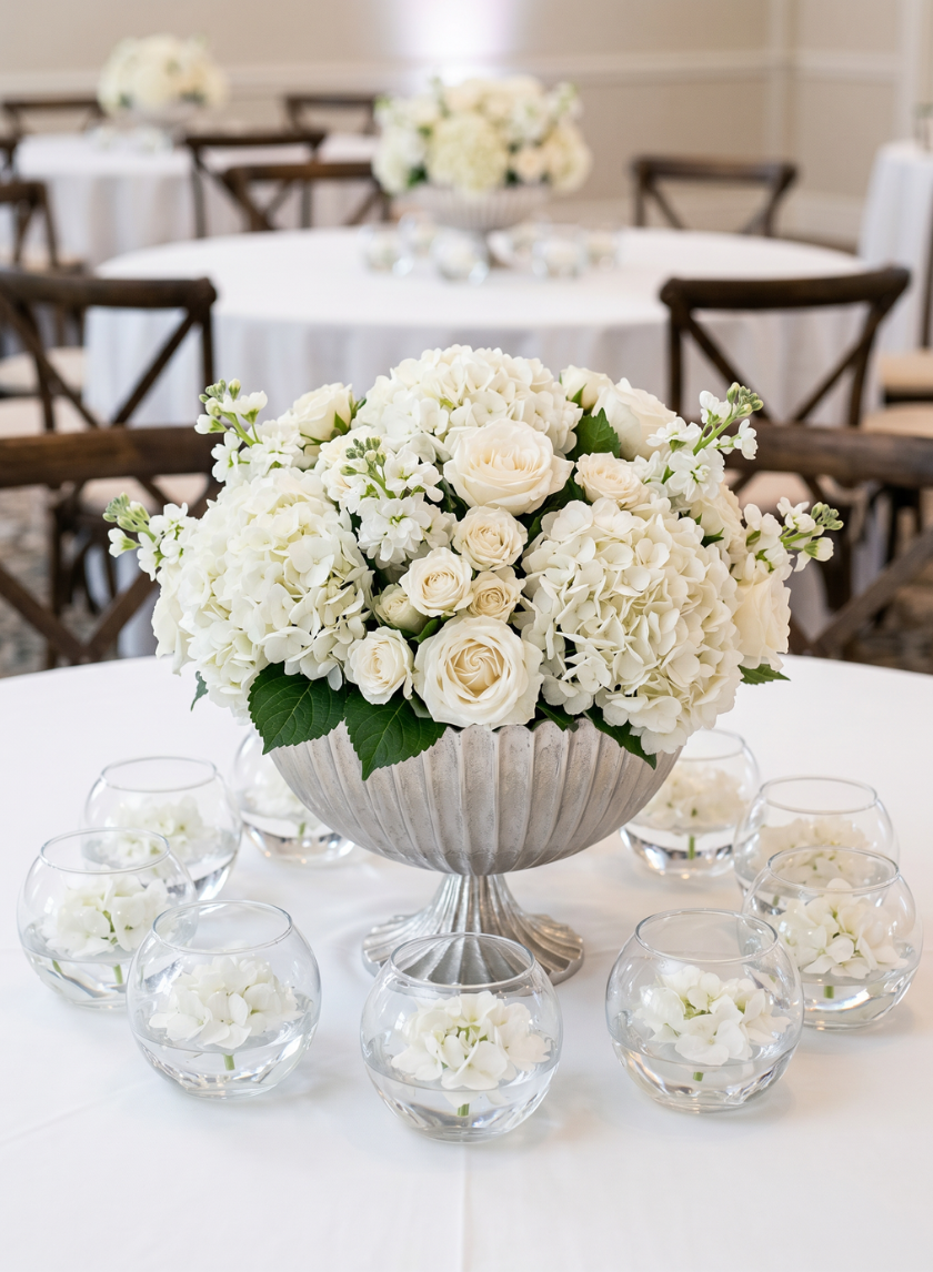 A silver vase with white roses and hydrangeas sits as a centerpiece, surrounded by 4.75in Wide Best Value Glass Fishbowls (set of 12) filled with floating white flowers. Similar floral displays are seen on other tables in the background.
