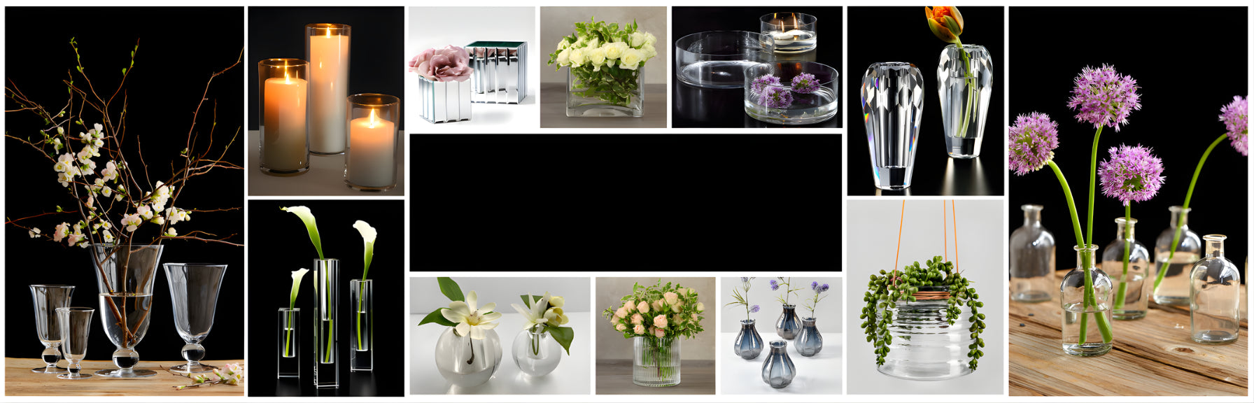 Collage of various glass vases and flower arrangements on a black background