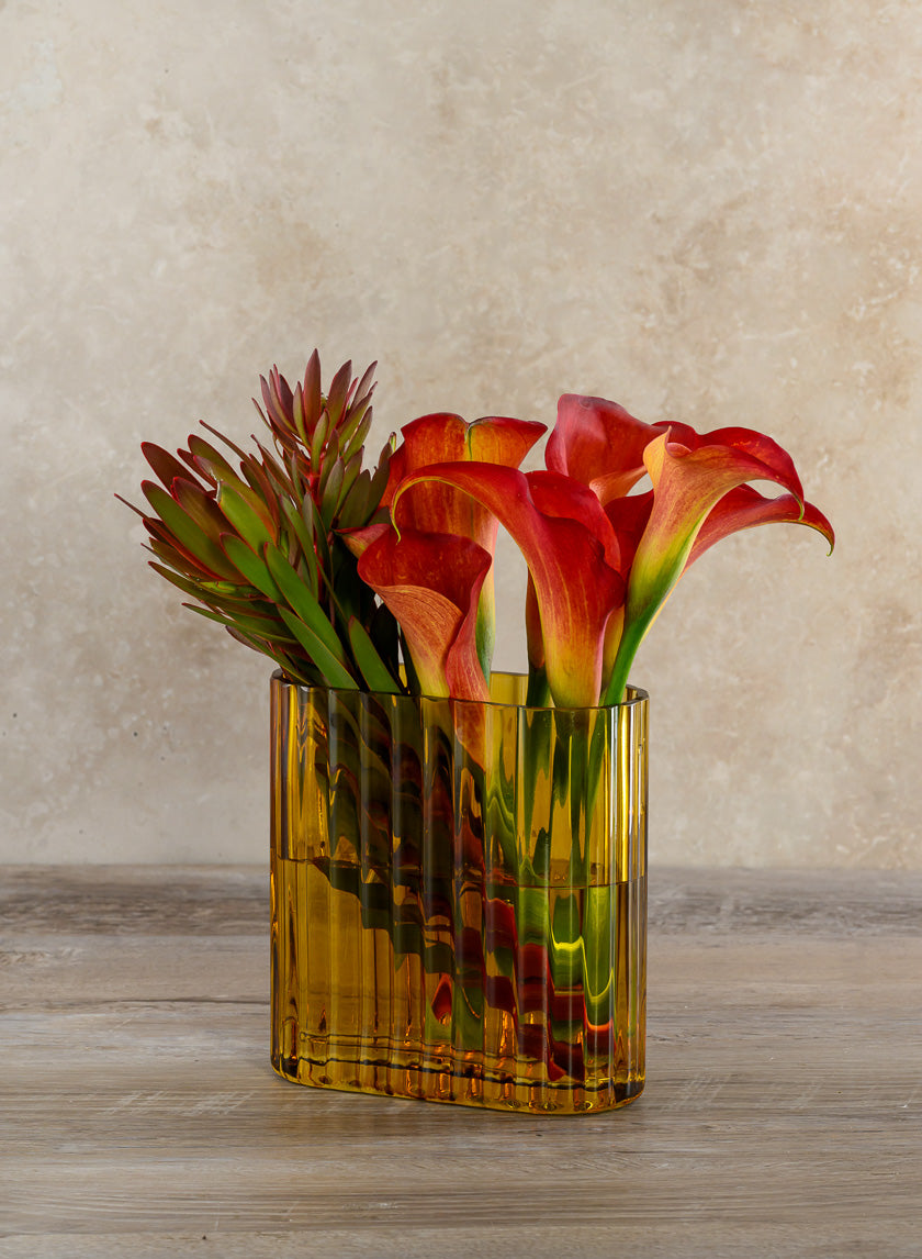 Amber Pleated Glass Cylinder and Oval Vase Decor Jamali Garden