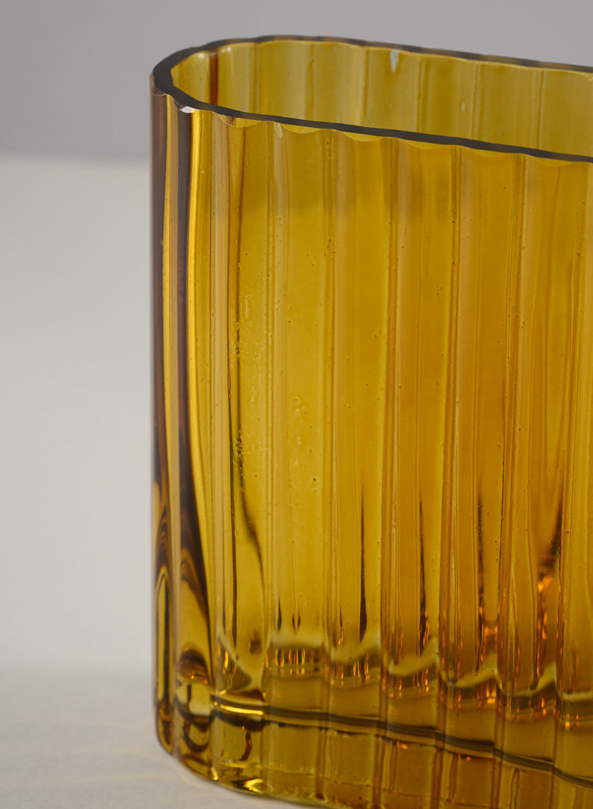 Amber Pleated Glass Cylinder and Oval Vase Decor Jamali Garden