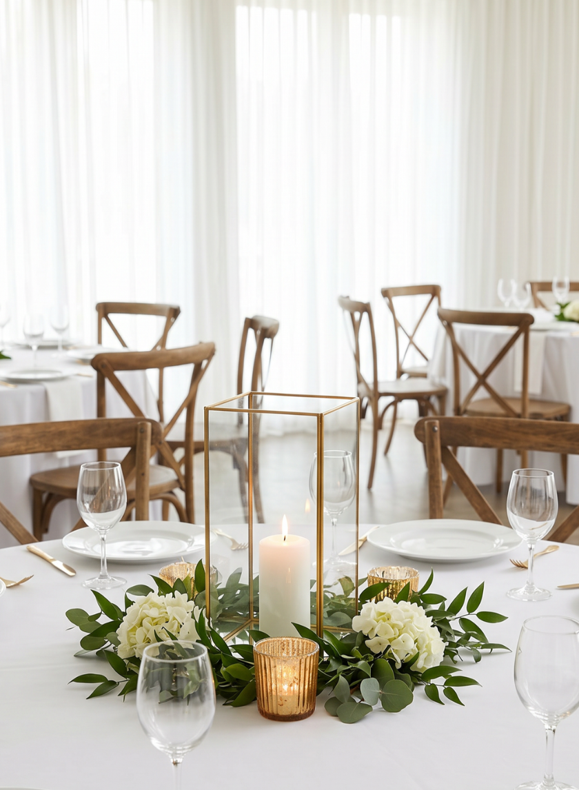 A round table set for an event features a white tablecloth, wooden chairs, glassware, and a centerpiece with a tall white candle in a glass holder, greenery, white flowers, and 2.5in Tall Ribbed Antique Copper Glass Votives (set of 6).