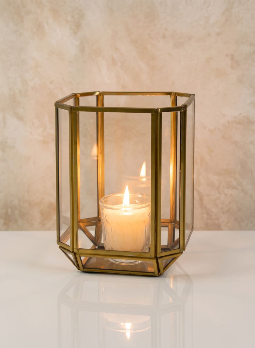 6in Tall Fatemeh Gold Trim Glass Panel Candle Holder Decor Jamali Garden