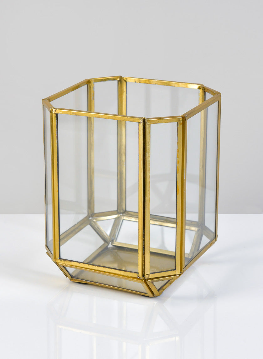 6in Tall Fatemeh Gold Trim Glass Panel Candle Holder Decor Jamali Garden