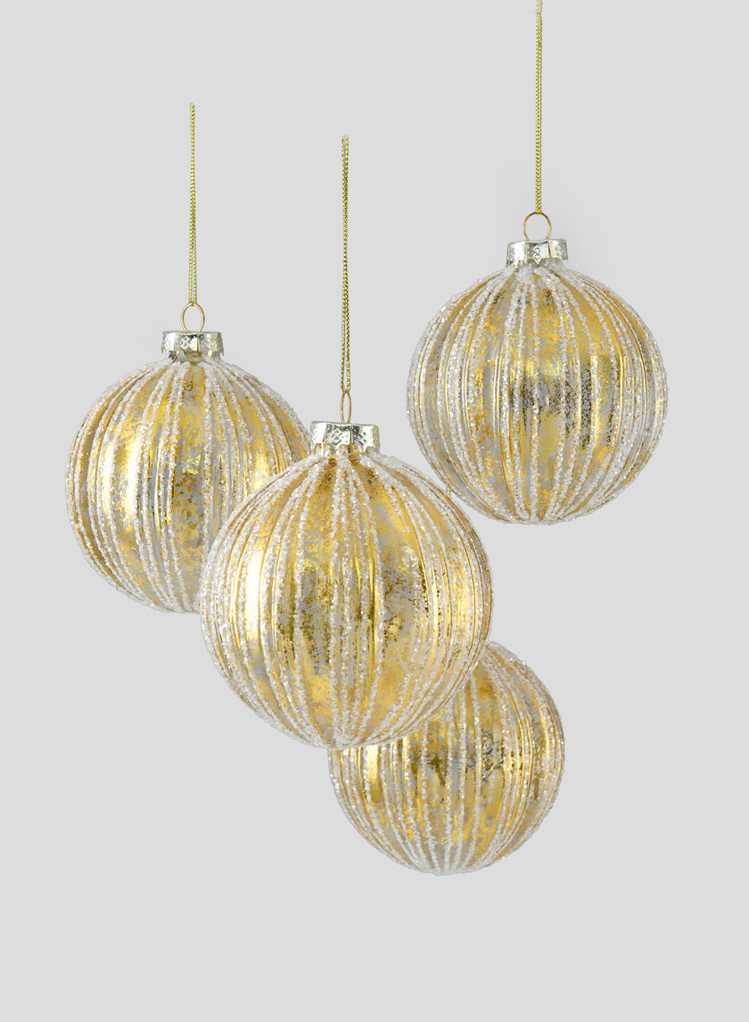 4in Round Gold Foil & Glitter Stripe Glass Ornament Ball Decor Jamali Garden