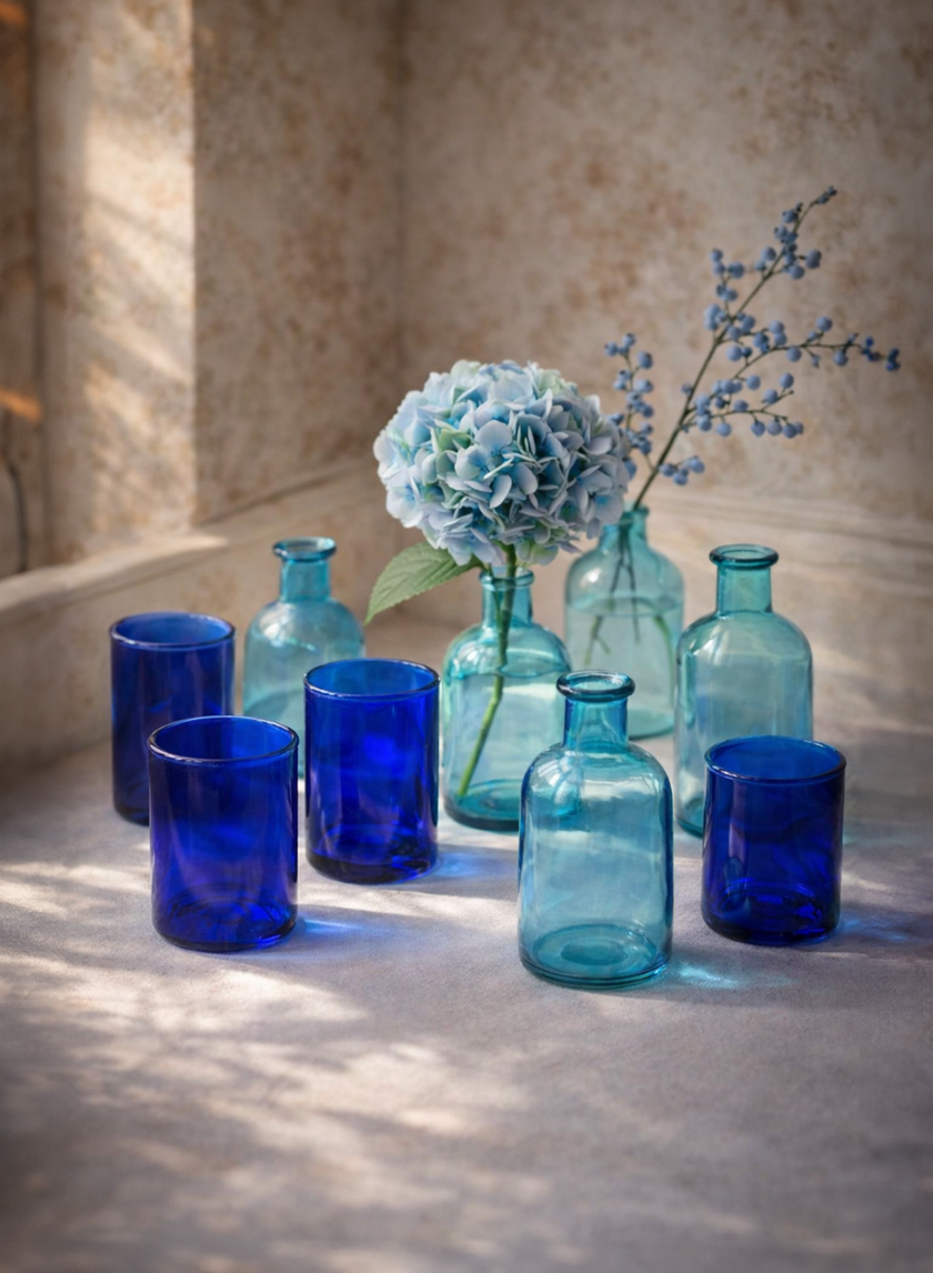 5.25in Tall Blue Medicine Bottle Glass Bud Vases, Set of 6 Decor Jamali Garden