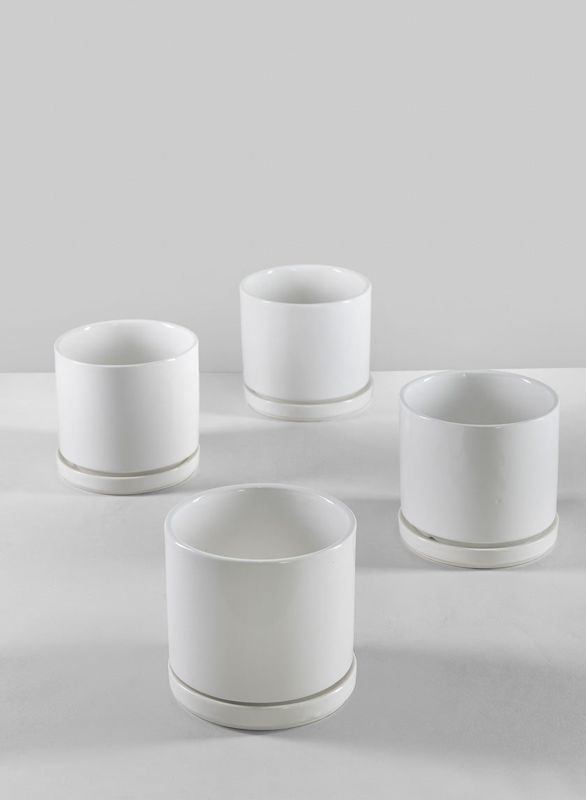 4.5in Tall Odense White Indoor Ceramic Pot with Saucer, Set of 4 Decor Jamali Garden