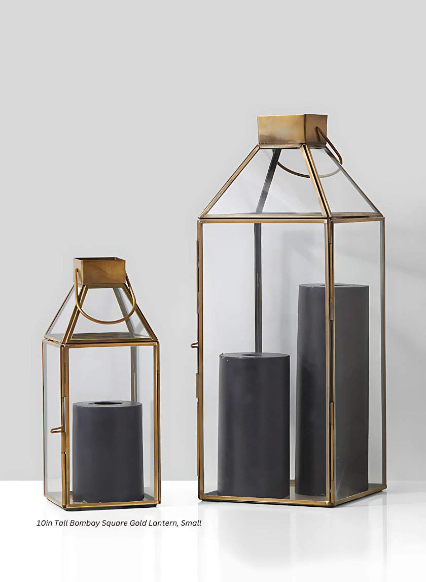 10in Tall Bombay Square Gold Lantern, Small Decor Jamali Garden