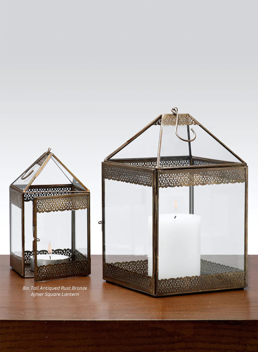 8in Tall Antiqued Rust Bronze Ajmer Square Lantern Decor Jamali Garden