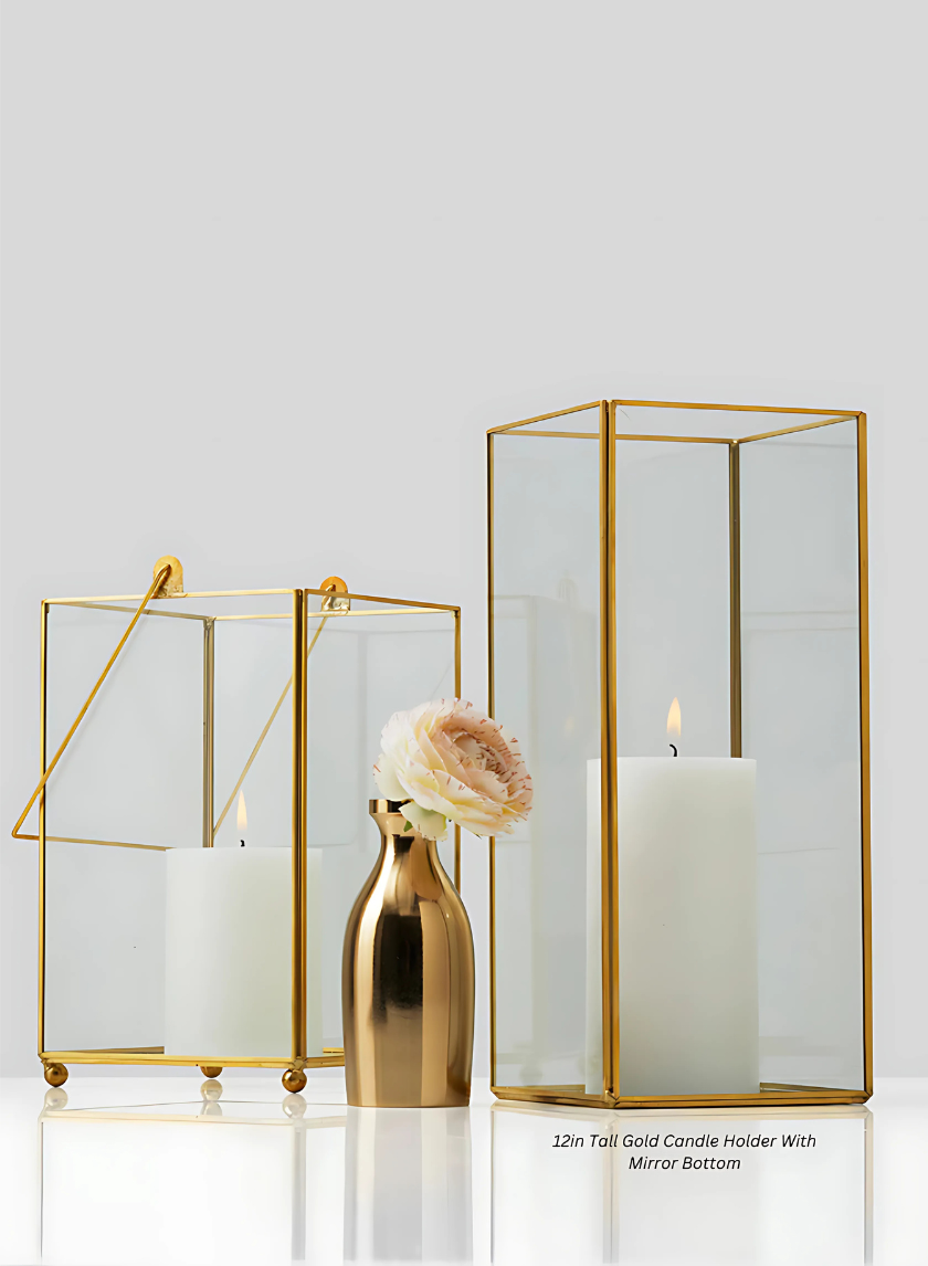 12in Tall Gold Candle Holder With Mirror Bottom Decor Jamali Garden