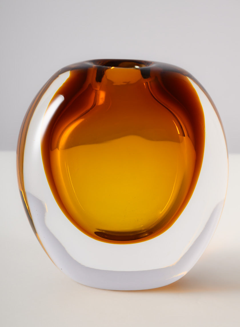 5.5in Tall Norvege Clear and Amber Glow Hand Blown Short Glass Vase Decor Jamali Garden