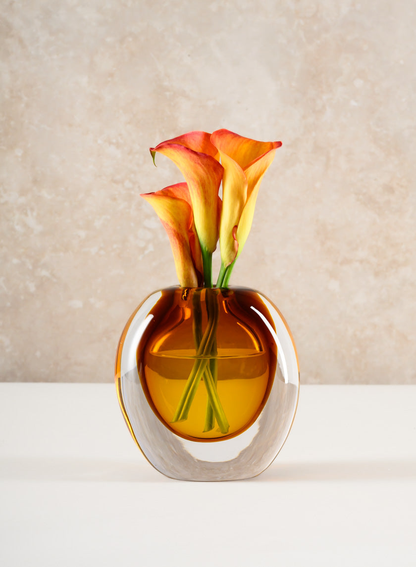 5.5in Tall Norvege Clear and Amber Glow Hand Blown Short Glass Vase Decor Jamali Garden