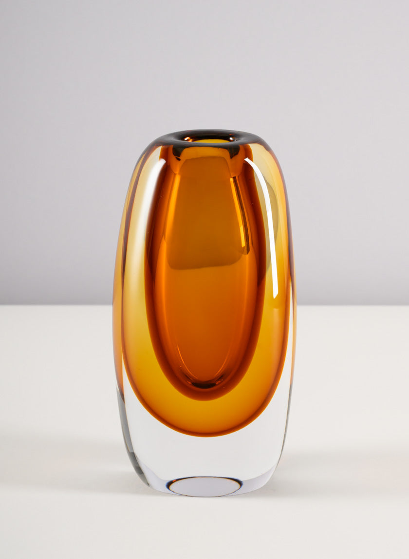 8.5in Tall Norvege Clear and Amber Glow Hand Blown Glass Vase Decor Jamali Garden