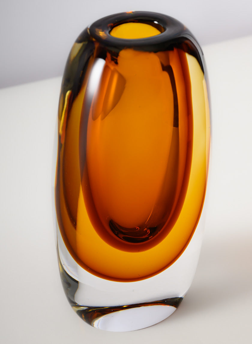 8.5in Tall Norvege Clear and Amber Glow Hand Blown Glass Vase Decor Jamali Garden