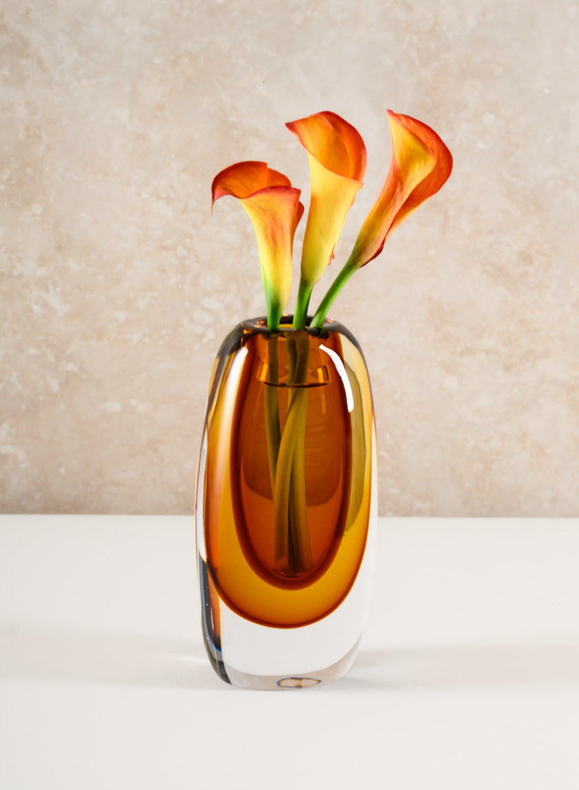 8.5in Tall Norvege Clear and Amber Glow Hand Blown Glass Vase Decor Jamali Garden