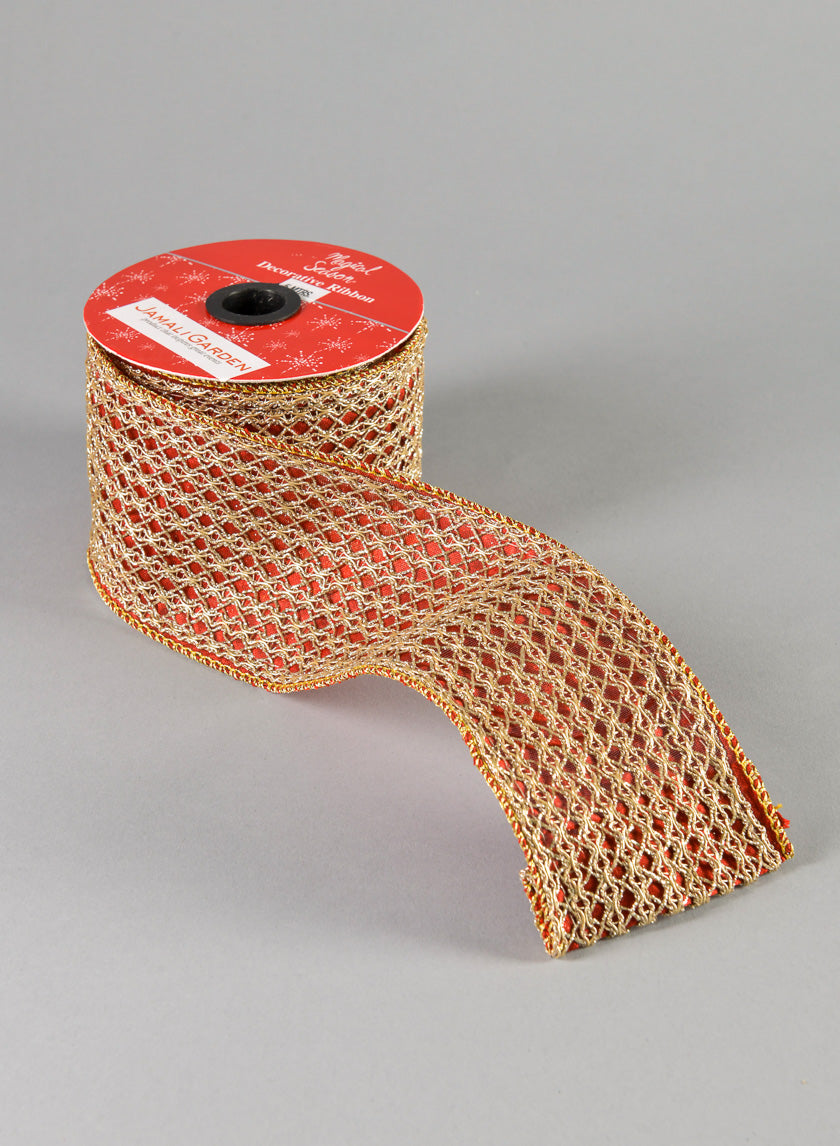 16.40ft Zardozi Red Gold Ribbon Decor Jamali Garden