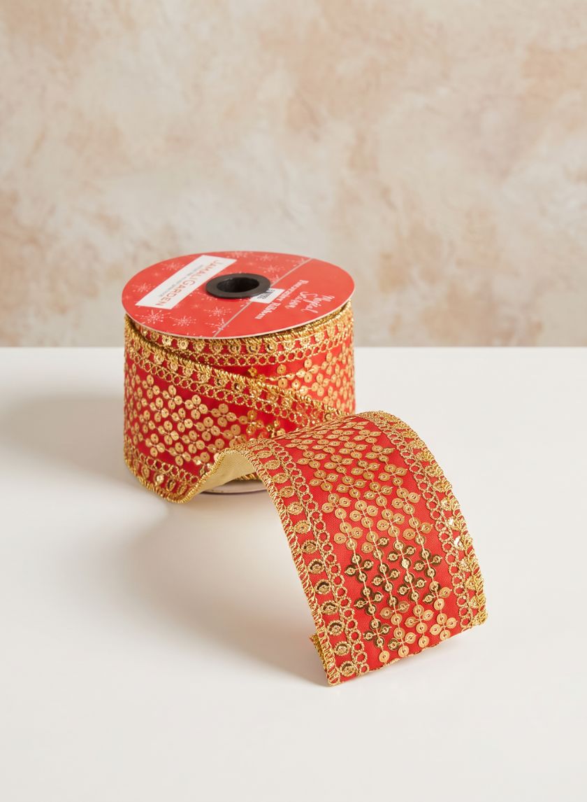 16.40ft Long Royal Nawab Red Gold Ribbon Decor Jamali Garden